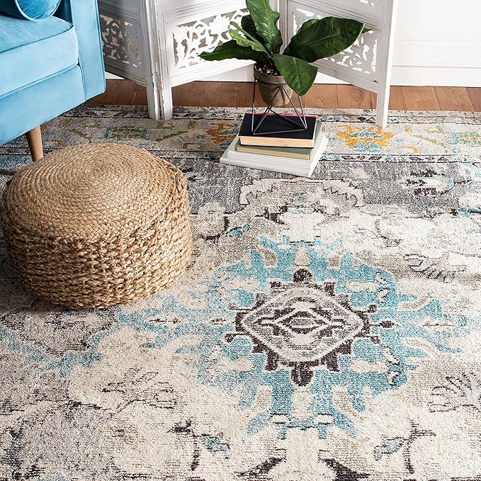 SAFAVIEH Monaco Collection Accent Rug - 4' x 5'7", Grey & Light Blue, Medallion Distressed Design, Non-Shedding & Easy Care, Ideal for High Traffic Areas in Entryway, Living Room, Bedroom (MNC243G)