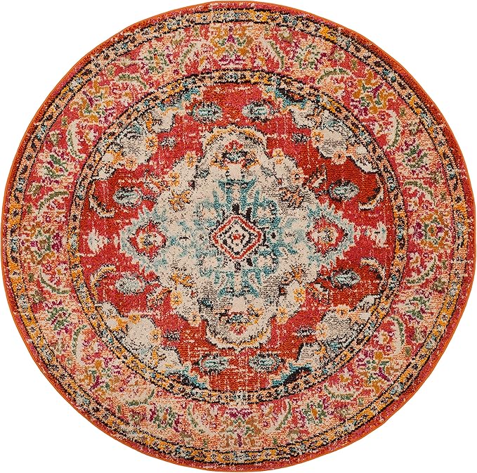 SAFAVIEH Monaco Collection Area Rug - 8'8" Round, Orange & Light Blue, Boho Chic Medallion Distressed Design, Non-Shedding & Easy Care, Ideal for High Traffic Areas in Living Room, Bedroom (MNC243H)