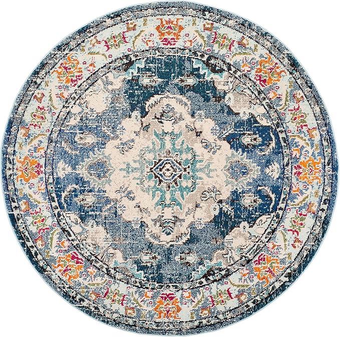 SAFAVIEH Monaco Collection Area Rug - 6'7" Round, Navy & Light Blue, Boho Chic Medallion Distressed Design, Non-Shedding & Easy Care, Ideal for High Traffic Areas in Living Room, Bedroom (MNC243N)