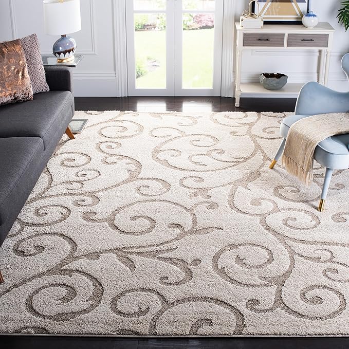 SAFAVIEH Florida Shag Collection Area Rug - 8'6" x 12', Ivory & Beige, Scroll Design, Non-Shedding & Easy Care, 1.2-inch Thick Ideal for High Traffic Areas in Living Room, Bedroom (SG455-13LT)