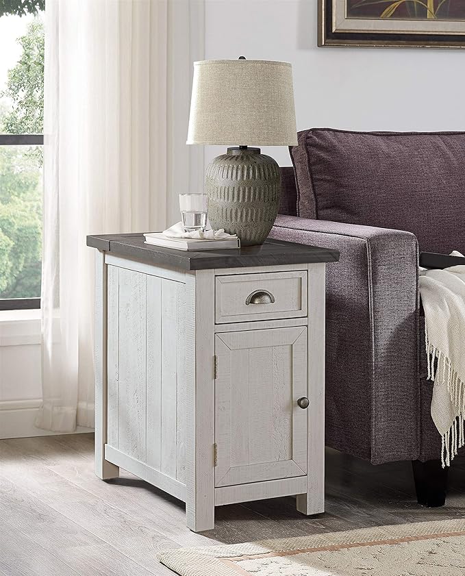 Martin Svensson Home Monterey Chairside Table - White with Grey Top - Coastal Multi-Use Table with Built-in Outlets and Drawers for Bedroom or Living Room