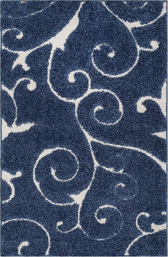 SAFAVIEH Florida Shag Collection Accent Rug - 3'3" x 5'3", Dark Blue & Cream, Scroll, Non-Shedding & Easy Care, 1.2-inch Thick Ideal for High Traffic Areas in Foyer, Living Room, Bedroom (SG455-6511)