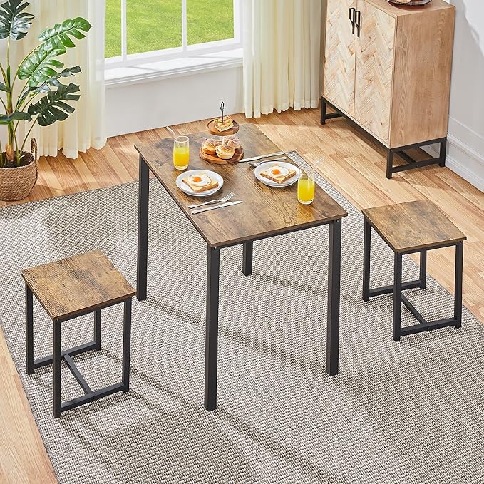 Yaheetech Industrial Dining Kitchen Table Set for 2 Breakfast Nook Table w/ 2 Stools for Dining Room Kitchen Small Space, Rustic Brown