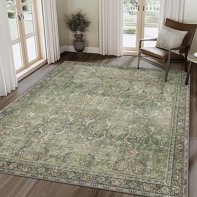 6X9 Area Rugs Machine Washable Rugs for Living Room, Vintage Boho Large Rugs for Bedroom Dining Room, Non Slip Indoor Soft Distressed Lightweight Thin Low Pile Carpet, Green
