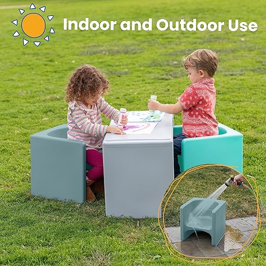 ECR4Kids Tri-Me Table and Cube Chair Set, Multipurpose Furniture, Powder Blue, 3-Piece