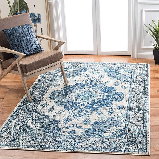 SAFAVIEH Monaco Collection Area Rug - 5'1" x 7'7", Ivory & Blue, Boho Chic Medallion Distressed Design, Non-Shedding & Easy Care, Ideal for High Traffic Areas in Living Room, Bedroom (MNC243A)
