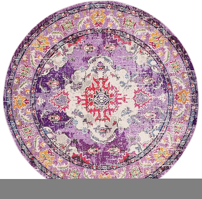 SAFAVIEH Monaco Collection Area Rug - 6'7" Round, Violet & Fuchsia, Boho Chic Medallion Distressed Design, Non-Shedding & Easy Care, Ideal for High Traffic Areas in Living Room, Bedroom (MNC243P)