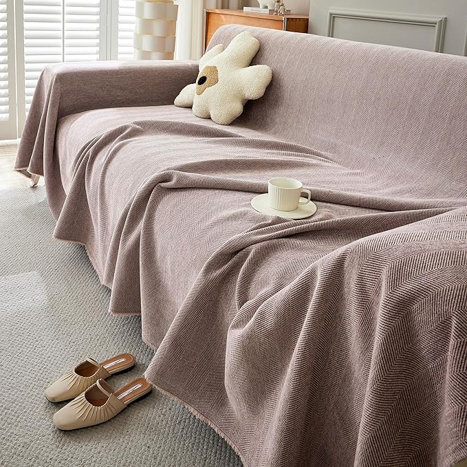 STACYPIK Thick Pink Geometric Sofa Covers for 3 Cushion Couch Reversible Herringbone Dogs Couch Covers0 Pet Scratch Protector Blanket for Living Room Chenille Cushion Covers with Tassel-91X150IN