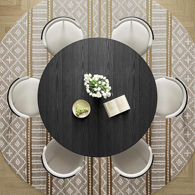 IRONCK 51" Round Dining Table for 6, Wood Kitchen Table with Metal Base, Space Saving Industrial Circle Dinner Table for Kitchen Dining Room, Black