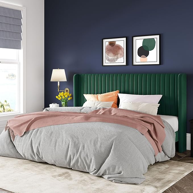 Allewie King Size Bed Frame/Velvet Upholstered Platform Bed/Vertical Channel Tufted Wingback Headboard/Strong Wooden Slats/No Box Spring Needed/Easy Assembly/Green