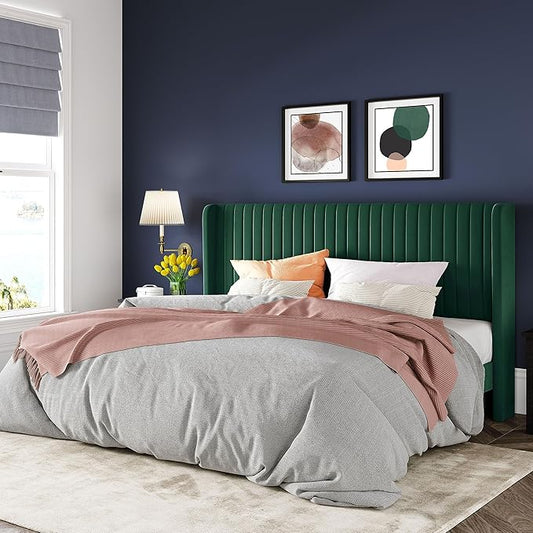 Allewie King Size Bed Frame/Velvet Upholstered Platform Bed/Vertical Channel Tufted Wingback Headboard/Strong Wooden Slats/No Box Spring Needed/Easy Assembly/Green