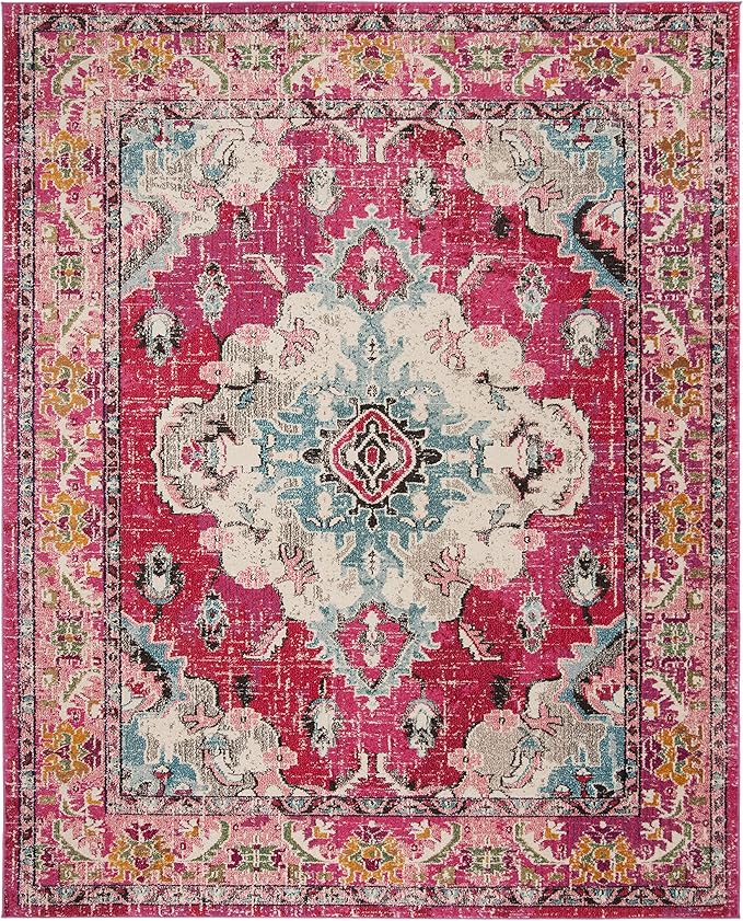 SAFAVIEH Monaco Collection Area Rug - 8' x 10', Pink & Multi, Boho Chic Medallion Distressed Design, Non-Shedding & Easy Care, Ideal for High Traffic Areas in Living Room, Bedroom (MNC243D)