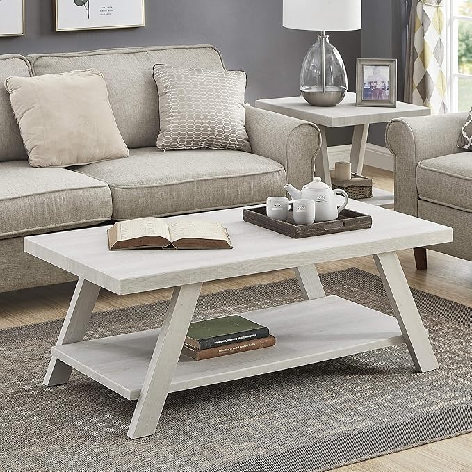 Roundhill Furniture Athens Contemporary 3-Piece Wood Shelf Coffee Table Set, White