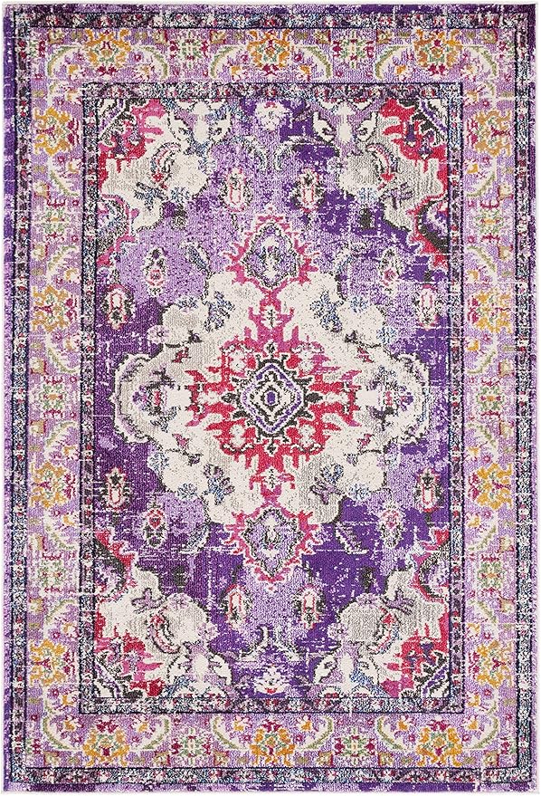 SAFAVIEH Monaco Collection Accent Rug - 4' x 5'7", Violet & Fuchsia, Medallion Distressed Design, Non-Shedding & Easy Care, Ideal for High Traffic Areas in Entryway, Living Room, Bedroom (MNC243P)