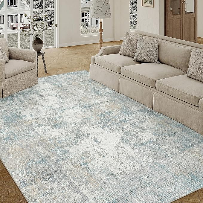 6x9 Washable Area Rug Blue Cream Modern Neutral Abstract Living Room Bedroom Indoor Floor Carpet Low Pile Soft Non-Slip Lightweight Vacuumable Throw Rug for Nursery Dining Room Office