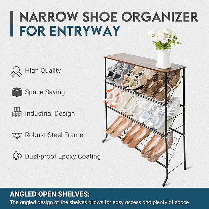 Narrow Shoe Rack for Front Door Entrance,4-Tier Shoes Rack Storage Organizer with 3 Slanted Shelves and Top Shelf for Entryway,Skinny Space Saving Shoe Rack, Black