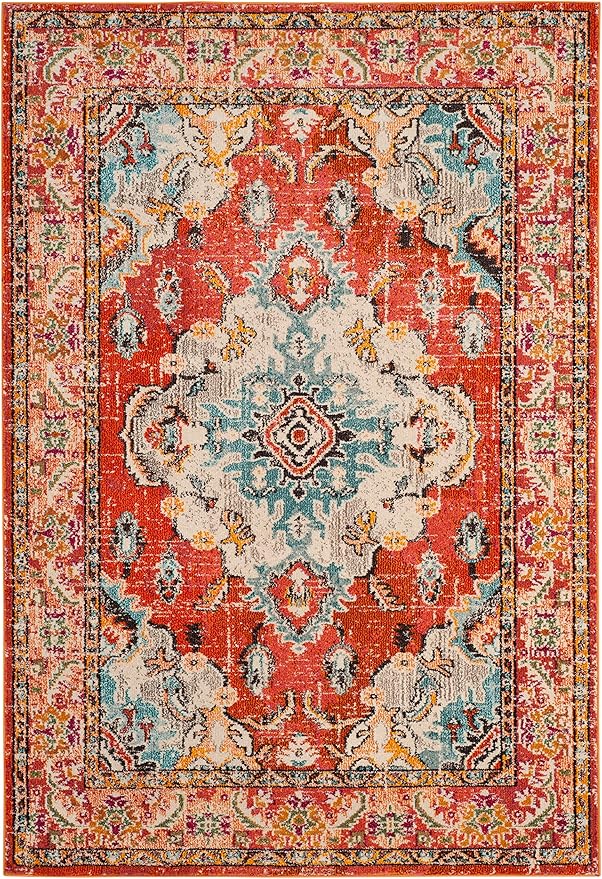 SAFAVIEH Monaco Collection Area Rug - 5'1" x 7'7", Orange & Light Blue, Boho Chic Medallion Distressed Design, Non-Shedding & Easy Care, Ideal for High Traffic Areas in Living Room, Bedroom (MNC243H)