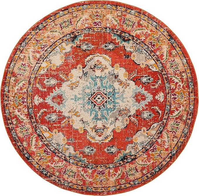 SAFAVIEH Monaco Collection Area Rug - 8' Round, Orange & Light Blue, Boho Chic Medallion Distressed Design, Non-Shedding & Easy Care, Ideal for High Traffic Areas in Living Room, Bedroom (MNC243H)