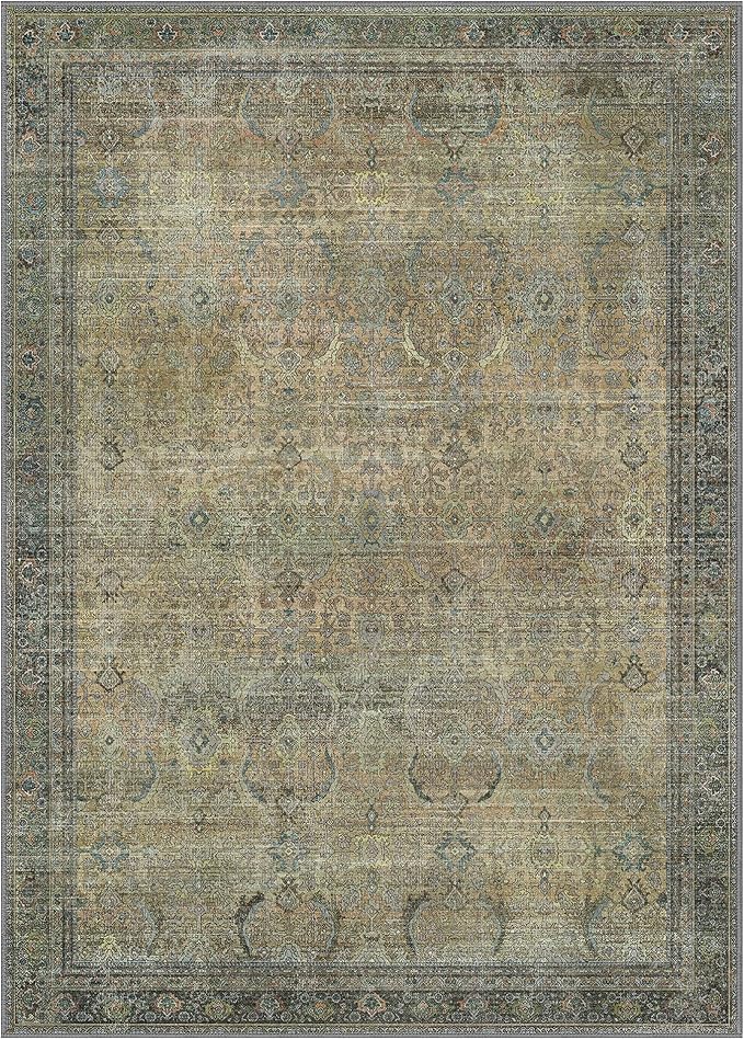 6X9 Area Rugs Machine Washable Rugs for Living Room, Vintage Boho Large Rugs for Bedroom Dining Room, Non Slip Indoor Soft Distressed Lightweight Thin Low Pile Carpet, Vintage Sunset
