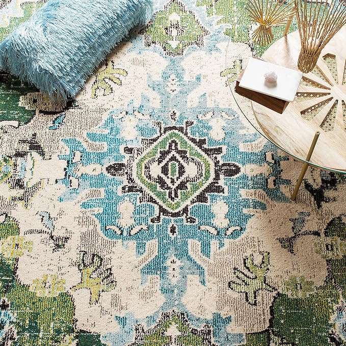 SAFAVIEH Monaco Collection Runner Rug - 2'2" x 14', Forest Green & Light Blue, Medallion Distressed Design, Non-Shedding & Easy Care, Ideal for High Traffic Areas in Living Room, Bedroom (MNC243F)