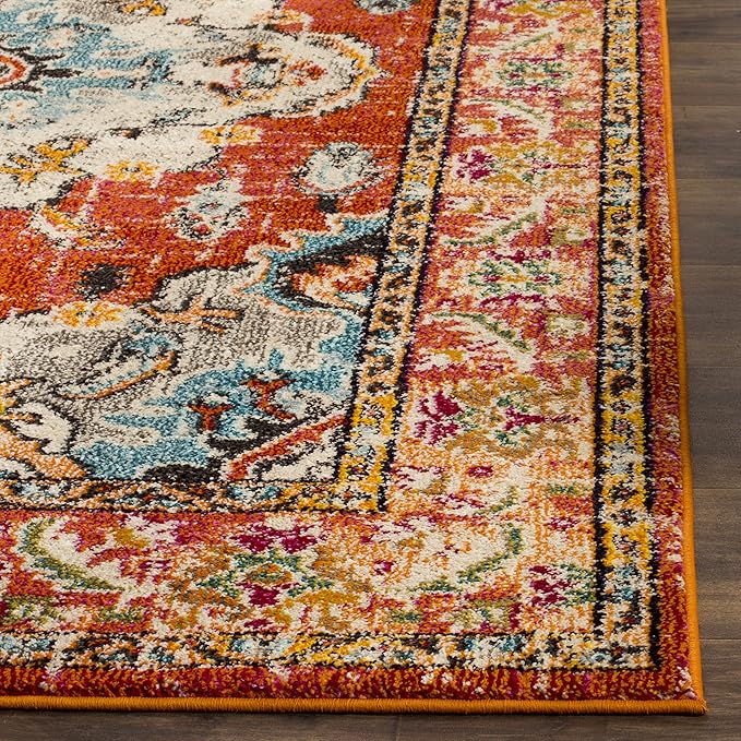 SAFAVIEH Monaco Collection Accent Rug - 4' x 5'7", Orange & Light Blue, Medallion Distressed Design, Non-Shedding & Easy Care, Ideal for High Traffic Areas in Entryway, Living Room, Bedroom (MNC243H)
