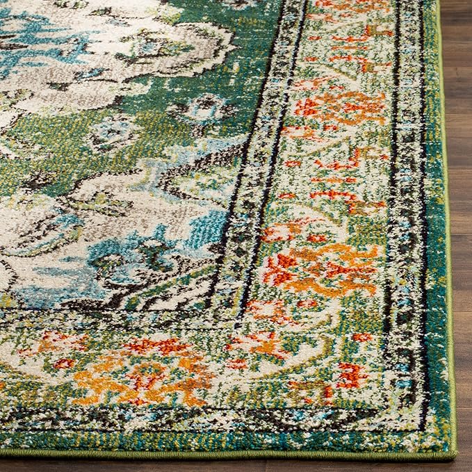 SAFAVIEH Monaco Collection Area Rug - 5'1" x 7'7", Forest Green & Light Blue, Medallion Distressed Design, Non-Shedding & Easy Care, Ideal for High Traffic Areas in Living Room, Bedroom (MNC243F)