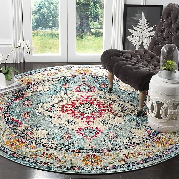 SAFAVIEH Monaco Collection Area Rug - 6'7" Round, Light Blue & Fuchsia, Boho Chic Medallion Distressed Design, Non-Shedding & Easy Care, Ideal for High Traffic Areas in Living Room, Bedroom (MNC243J)