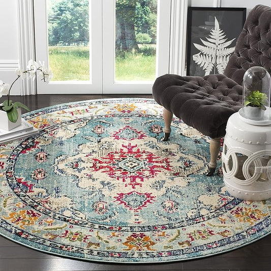 SAFAVIEH Monaco Collection Area Rug - 6'7" Round, Light Blue & Fuchsia, Boho Chic Medallion Distressed Design, Non-Shedding & Easy Care, Ideal for High Traffic Areas in Living Room, Bedroom (MNC243J)