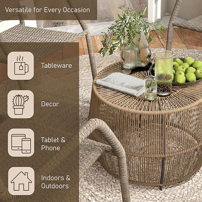 Muse & Lounge Co. Ysar Boho Rattan Round Coffee Table Outdoor with Metal Frame, All-Weather and Rust Resistant, Handcrafted Coastal Furniture for Patio, Poolside, Garden, Yard, Natural Brown