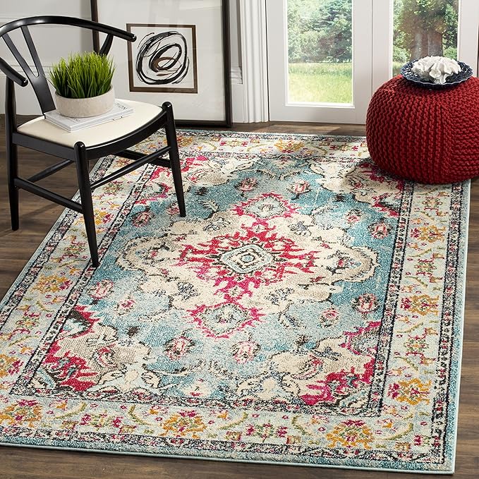 SAFAVIEH Monaco Collection 3' x 5' Light BlueFuchsia MNC243J Boho Chic Medallion Distressed Non-Shedding Living Room Bedroom Accent Rug