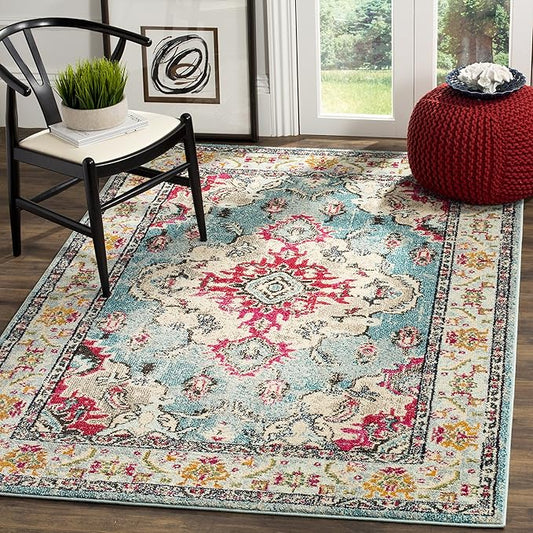 SAFAVIEH Monaco Collection Area Rug - 6'7" x 9'2", Light Blue & Fuchsia, Boho Chic Medallion Distressed Design, Non-Shedding & Easy Care, Ideal for High Traffic Areas in Living Room, Bedroom (MNC243J)