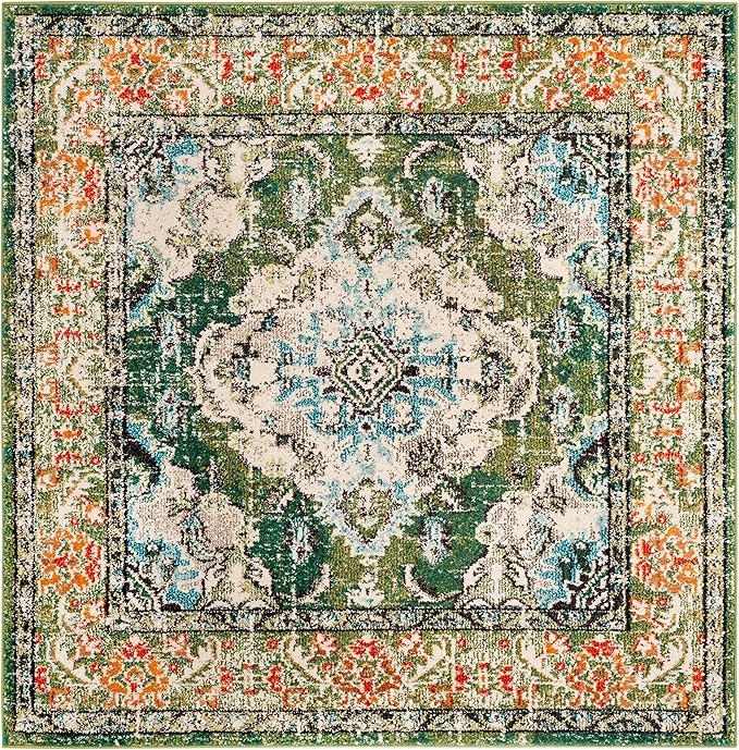 SAFAVIEH Monaco Collection Area Rug - 10' Square, Forest Green & Light Blue, Medallion Distressed Design, Non-Shedding & Easy Care, Ideal for High Traffic Areas in Living Room, Bedroom (MNC243F)