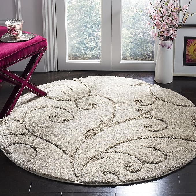 SAFAVIEH Florida Shag Collection Area Rug - 9' Round, Cream & Beige, Scroll Design, Non-Shedding & Easy Care, 1.2-inch Thick Ideal for High Traffic Areas in Living Room, Bedroom (SG455-1113)