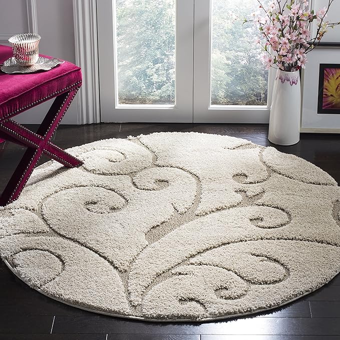 SAFAVIEH Florida Shag Collection Area Rug - 5' Round, Cream & Beige, Scroll Design, Non-Shedding & Easy Care, 1.2-inch Thick Ideal for High Traffic Areas in Living Room, Bedroom (SG455-1113)