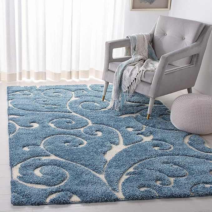 SAFAVIEH Florida Shag Collection Area Rug - 6' x 9', Light Blue & Cream, Scroll Design, Non-Shedding & Easy Care, 1.2-inch Thick Ideal for High Traffic Areas in Living Room, Bedroom (SG455-6011)