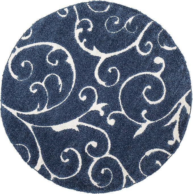 SAFAVIEH Florida Shag Collection Area Rug - 6'7" Round, Dark Blue & Cream, Scroll Design, Non-Shedding & Easy Care, 1.2-inch Thick Ideal for High Traffic Areas in Living Room, Bedroom (SG455-6511)