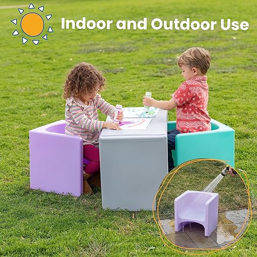 ECR4Kids Tri-Me Table and Cube Chair Set, Multipurpose Furniture, Light Purple, 3-Piece
