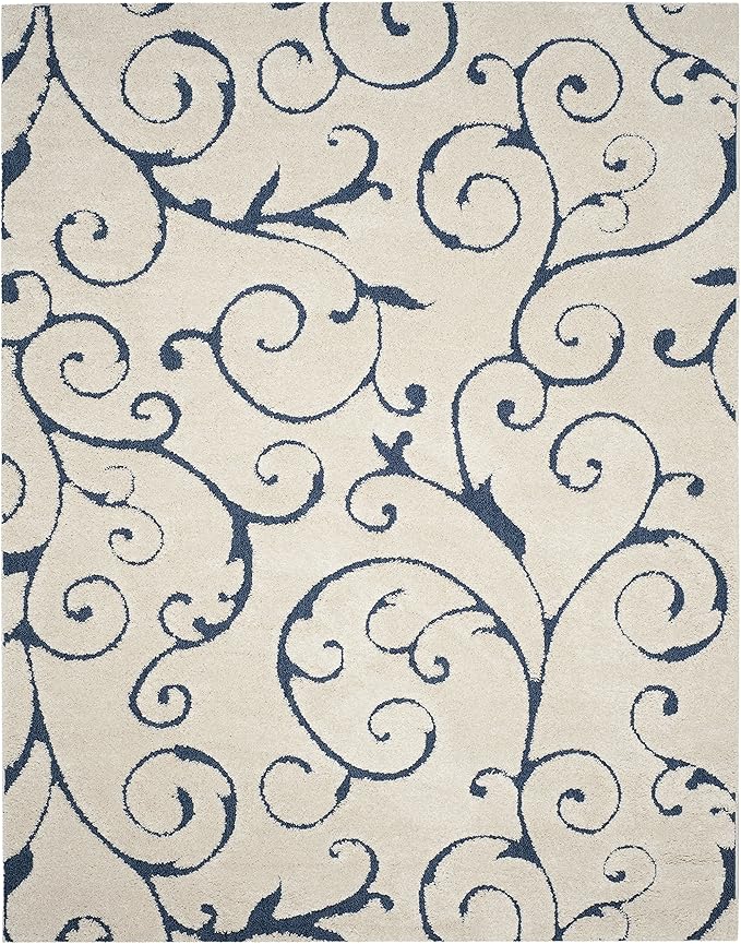 SAFAVIEH Florida Shag Collection Area Rug - 8'6" x 12', Cream & Blue, Scroll Design, Non-Shedding & Easy Care, 1.2-inch Thick Ideal for High Traffic Areas in Living Room, Bedroom (SG455-1165)
