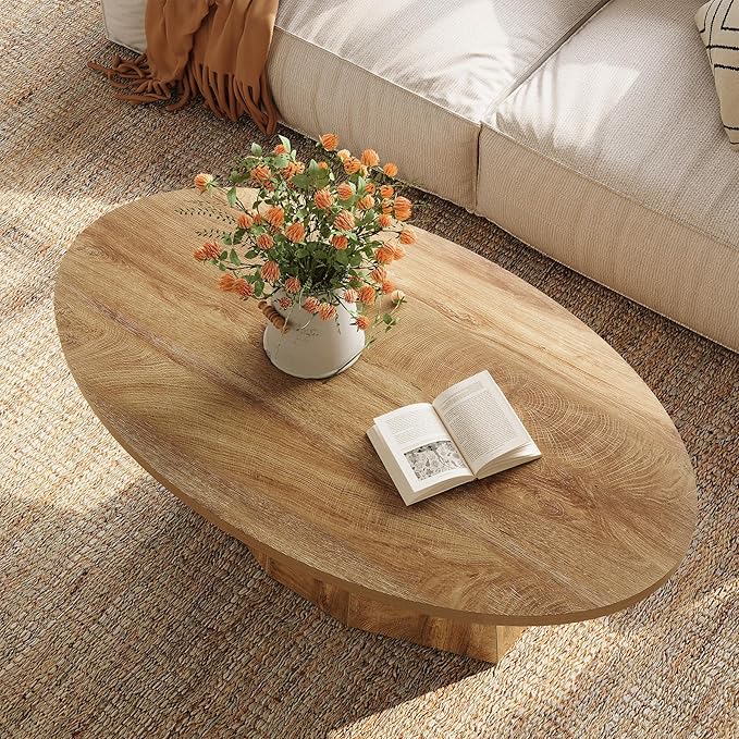 Oval Coffee Table, 47-Inch Living Room Table with Polygonal Pedestal, Modern Center Accent Furniture, Child-Friendly, Easy to Assembly, Yellowish Brown