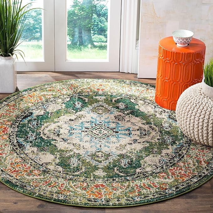 SAFAVIEH Monaco Collection Area Rug - 3' Round, Forest Green & Light Blue, Boho Medallion Distressed Design, Non-Shedding & Easy Care, Ideal for High Traffic Areas in Living Room, Bedroom (MNC243F)