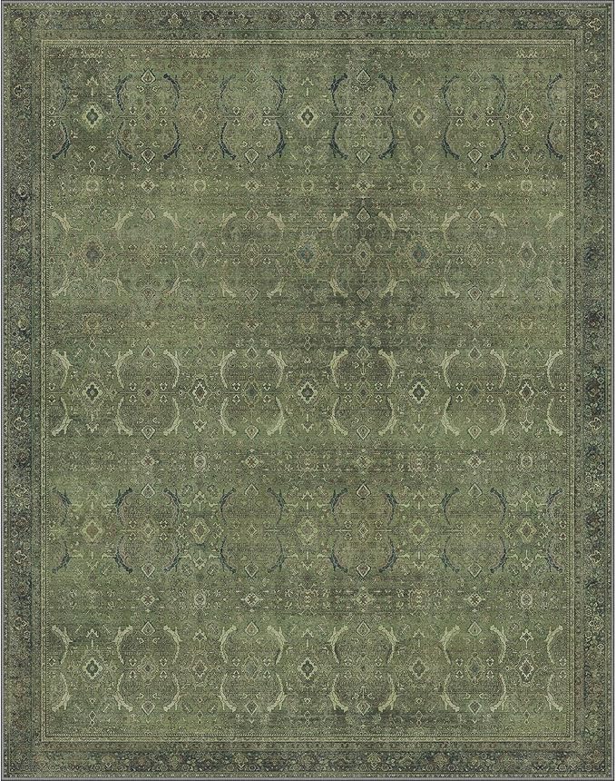 8X10 Area Rugs Machine Washable Rugs for Living Room, Vintage Boho Large Rugs for Bedroom Dining Room, Non Slip Indoor Soft Distressed Lightweight Thin Low Pile Carpet, Vivid Green