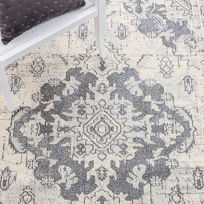 SAFAVIEH Monaco Collection Accent Rug - 4' x 5'7", Ivory & Grey, Boho Medallion Distressed Design, Non-Shedding & Easy Care, Ideal for High Traffic Areas in Entryway, Living Room, Bedroom (MNC243B)