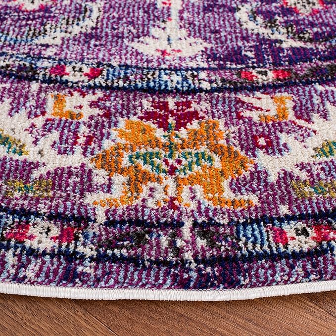 SAFAVIEH Monaco Collection Area Rug - 6'7" Round, Violet & Fuchsia, Boho Chic Medallion Distressed Design, Non-Shedding & Easy Care, Ideal for High Traffic Areas in Living Room, Bedroom (MNC243P)
