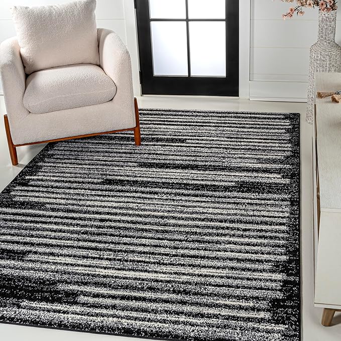 JONATHAN Y Khalil Modern Berber Stripe Black/Cream Indoor Area Rug, 4x6, Contemporary, Bohemian, Easy-Cleaning for Living Room, Bedroom, Kitchen, Pet Friendly, Non-Shedding (MOH207F-4)