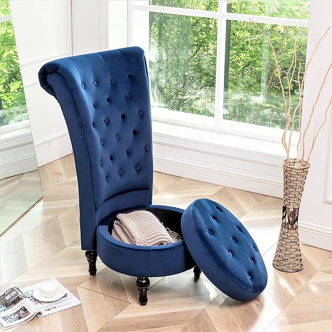 Container Furniture Direct Royal High-Back Velvet Accent Chair for Vanity with Storage and Luxurious Upholstery, Retro Design and Versatile Usage for Living Room, Bedroom, Lounge and Office, Dark Blue