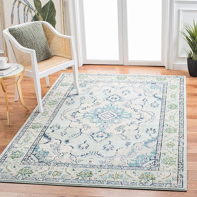 SAFAVIEH Monaco Collection Accent Rug - 3' x 5', Light Blue & Ivory, Medallion Distressed Design, Non-Shedding & Easy Care, Ideal for High Traffic Areas in Entryway, Living Room, Bedroom (MNC243K)