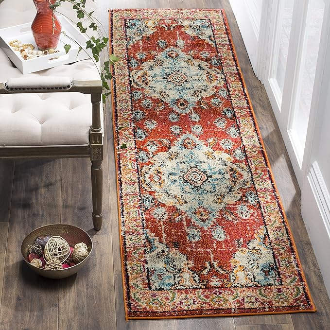 SAFAVIEH Monaco Collection Runner Rug - 2'2" x 14', Orange & Light Blue, Boho Chic Medallion Distressed Design, Non-Shedding & Easy Care, Ideal for High Traffic Areas in Living Room, Bedroom (MNC243H)