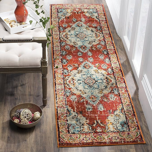 SAFAVIEH Monaco Collection Runner Rug - 2'2" x 16', Orange & Light Blue, Boho Chic Medallion Distressed Design, Non-Shedding & Easy Care, Ideal for High Traffic Areas in Living Room, Bedroom (MNC243H)