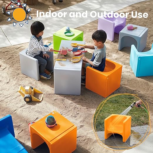 ECR4Kids Tri-Me Table and Cube Chair Set, Multipurpose Furniture, Orange, 3-Piece