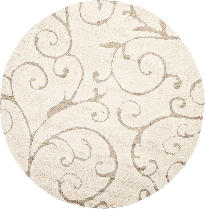 SAFAVIEH Florida Shag Collection Area Rug - 5' Round, Cream & Beige, Scroll Design, Non-Shedding & Easy Care, 1.2-inch Thick Ideal for High Traffic Areas in Living Room, Bedroom (SG455-1113)